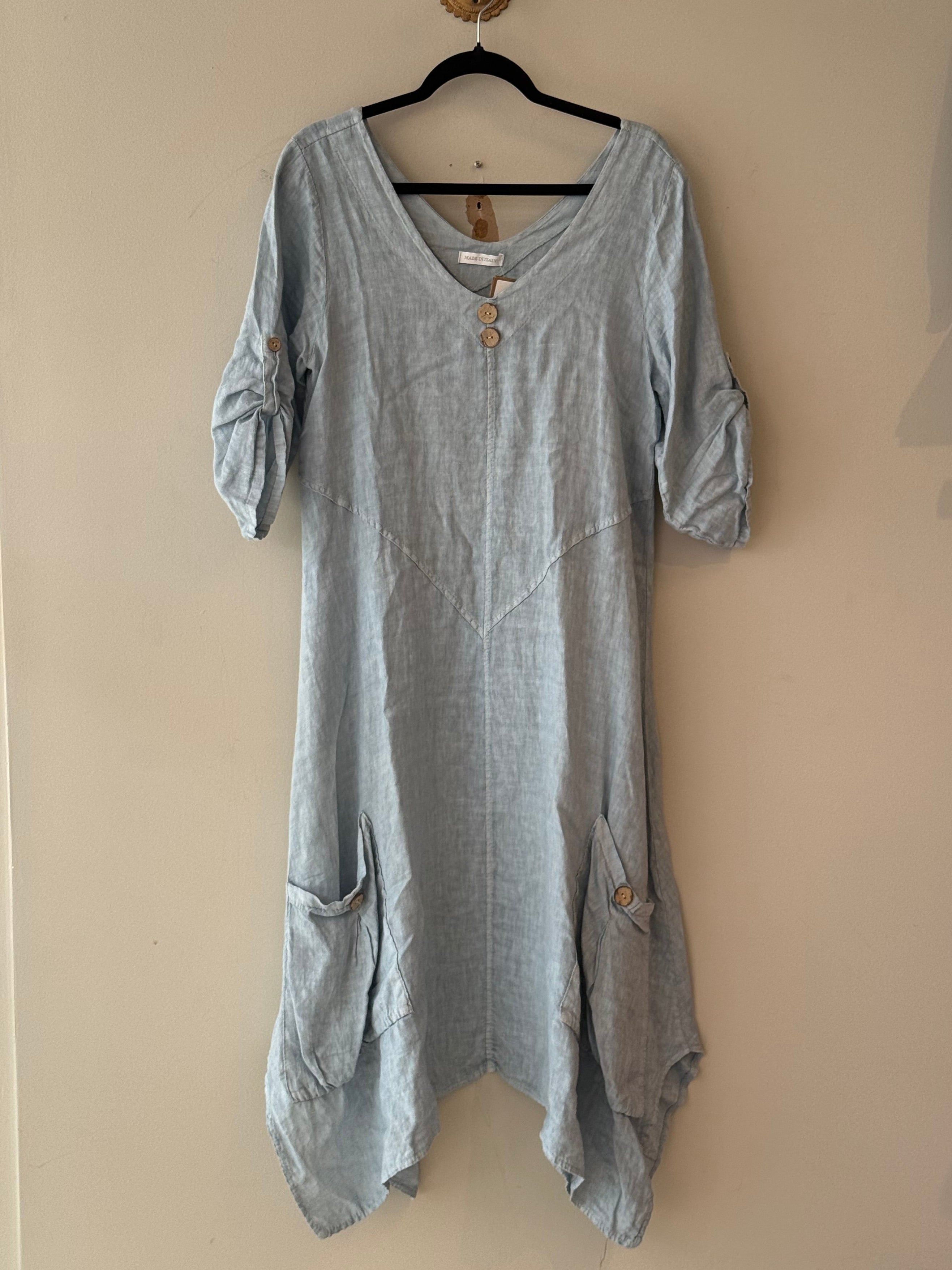sky blue 100% linen dress Italy
