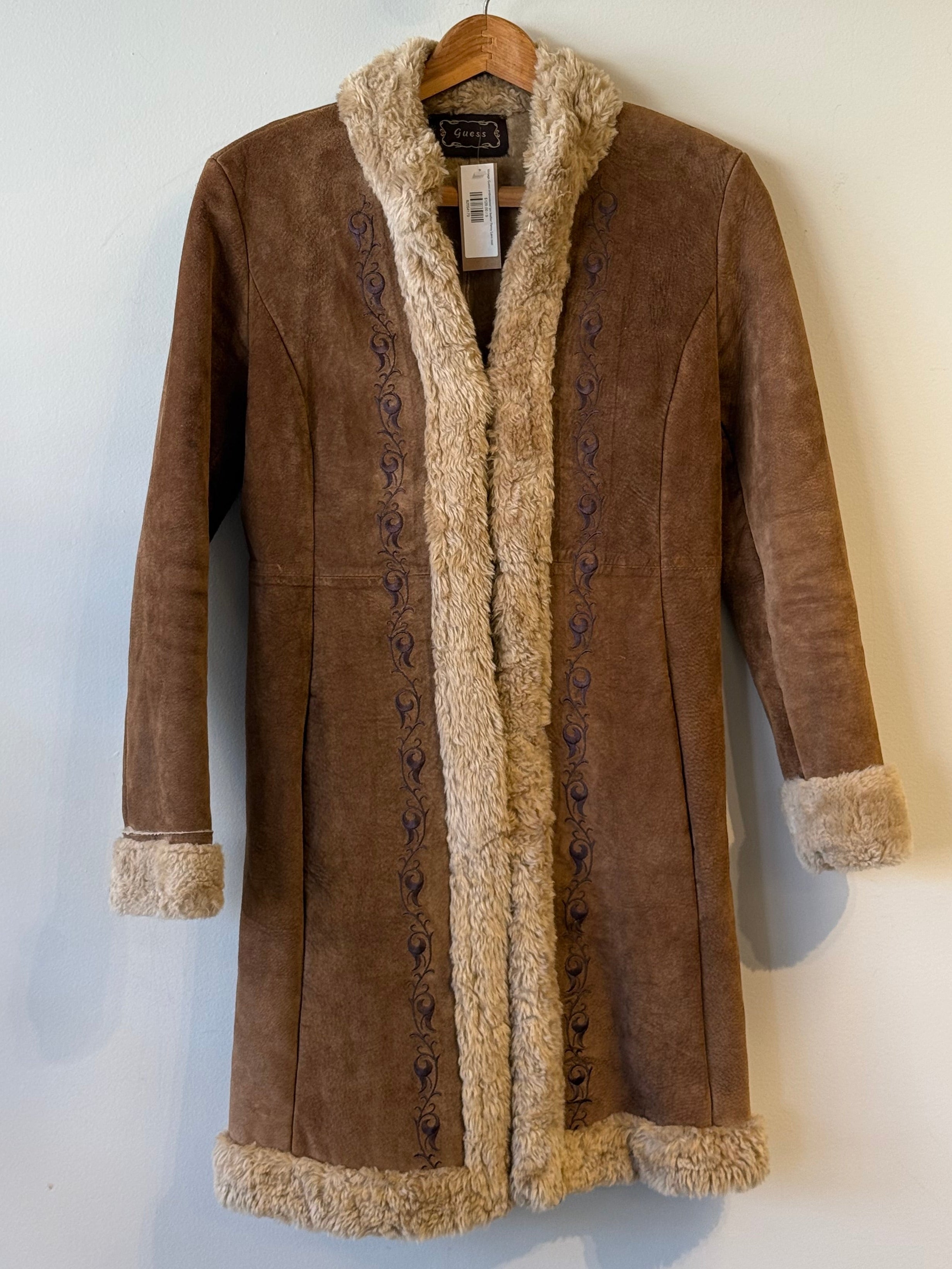 Vintage Guess embroidered tan leather Penny Lane coat