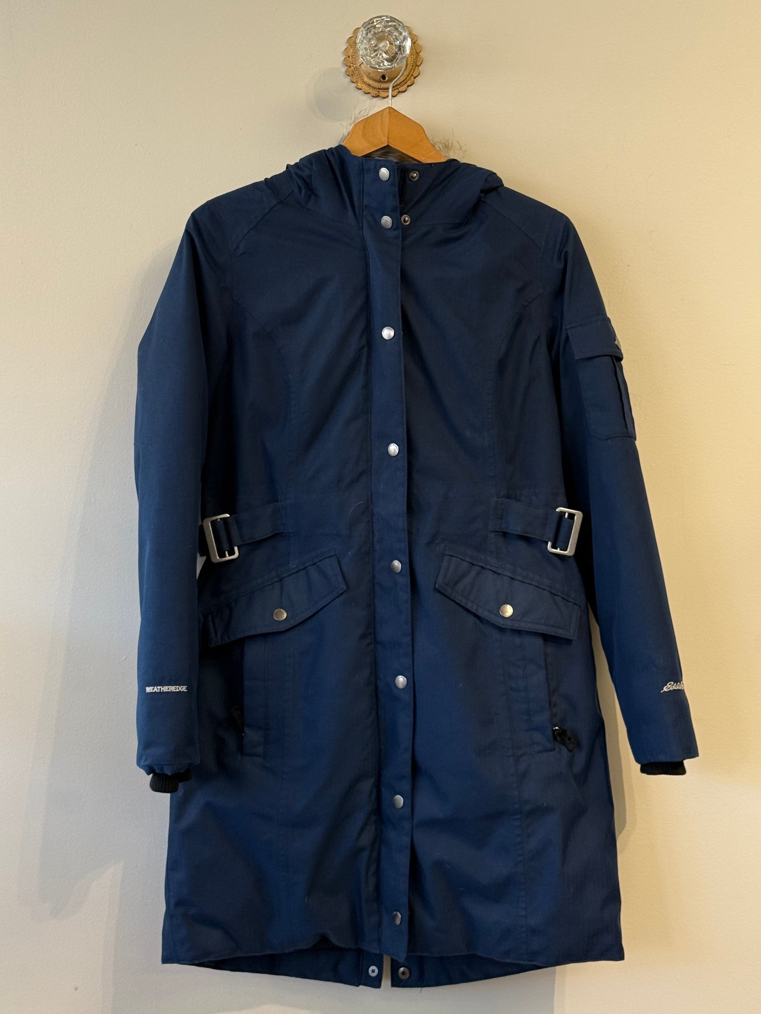 Eddie Bauer navy parka WeatherEdge Herringbone Down Parka
