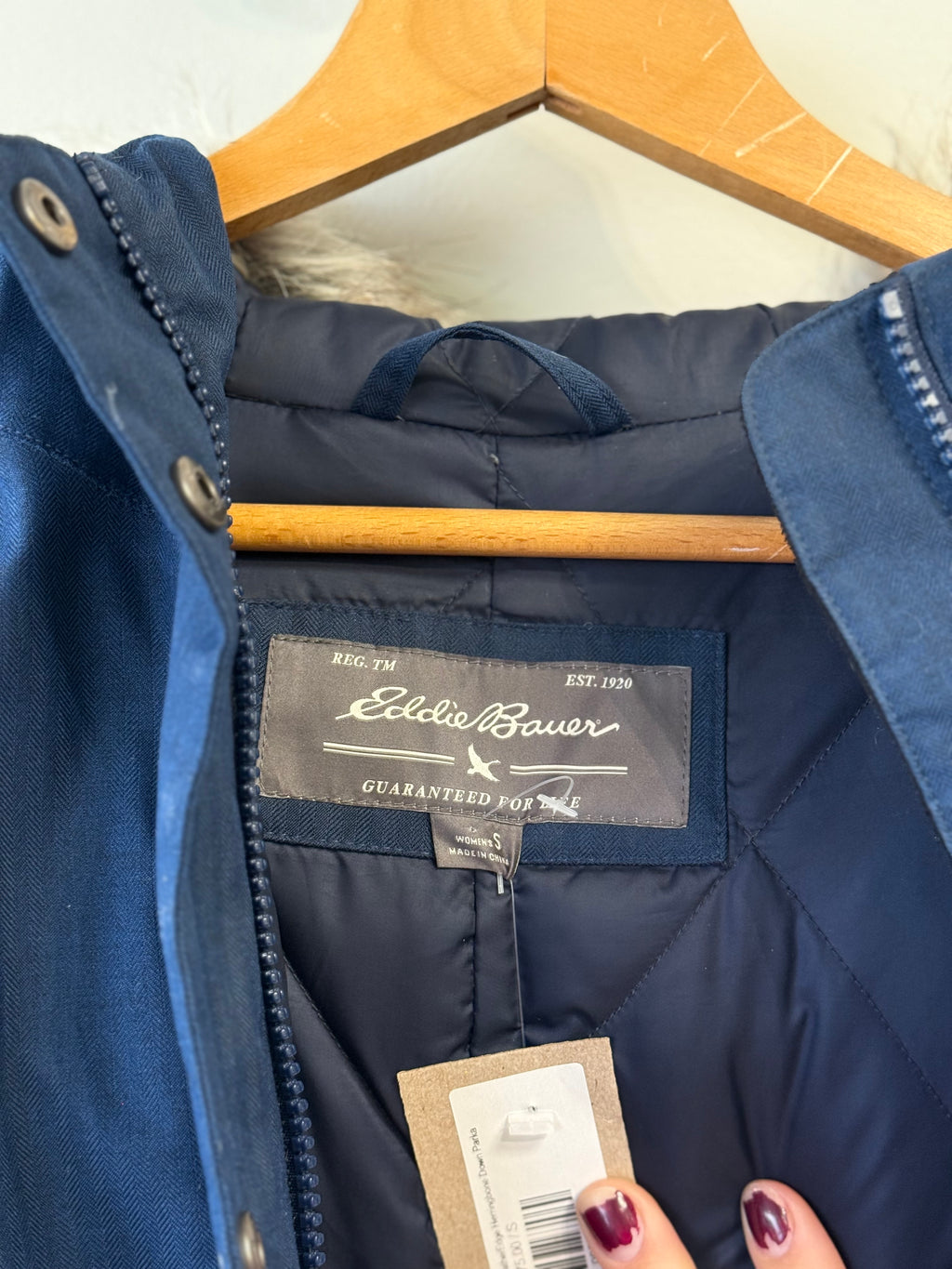 Eddie Bauer navy parka WeatherEdge Herringbone Down Parka