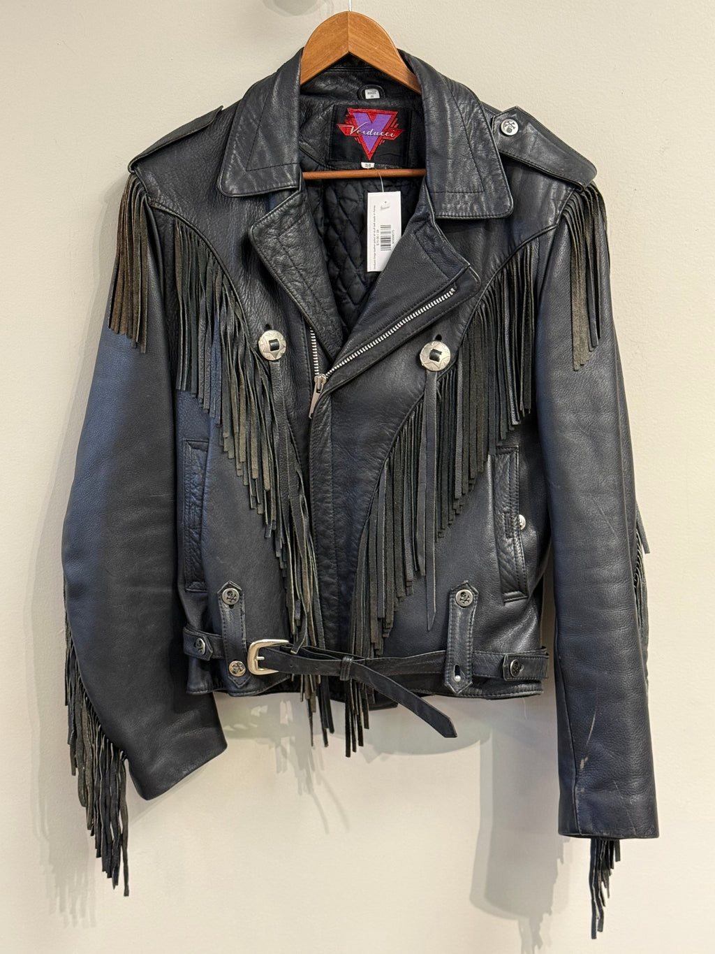 Verducci fringe leather jacket w/ skull belt made in Korea