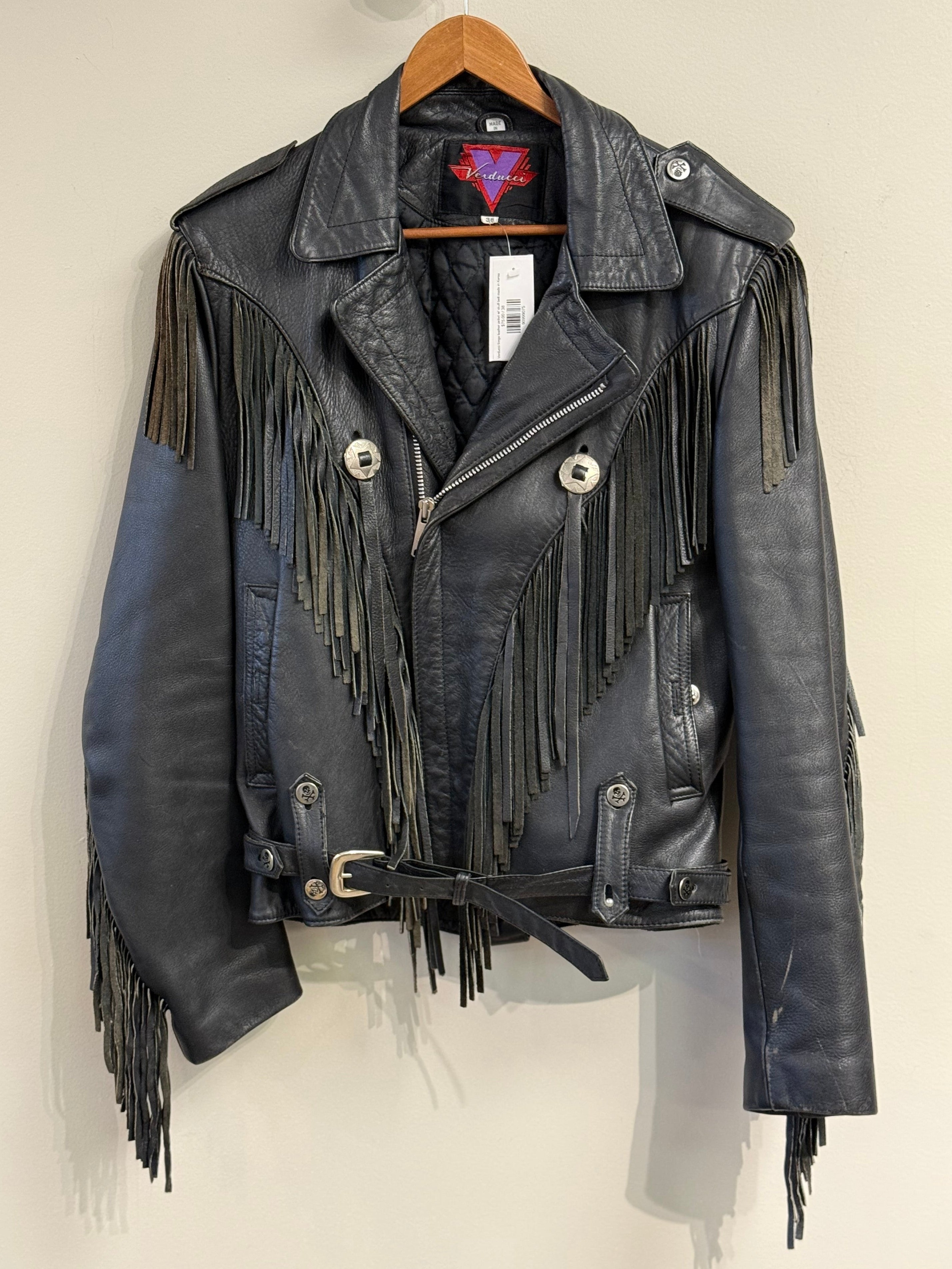 Verducci fringe leather jacket w/ skull belt made in Korea