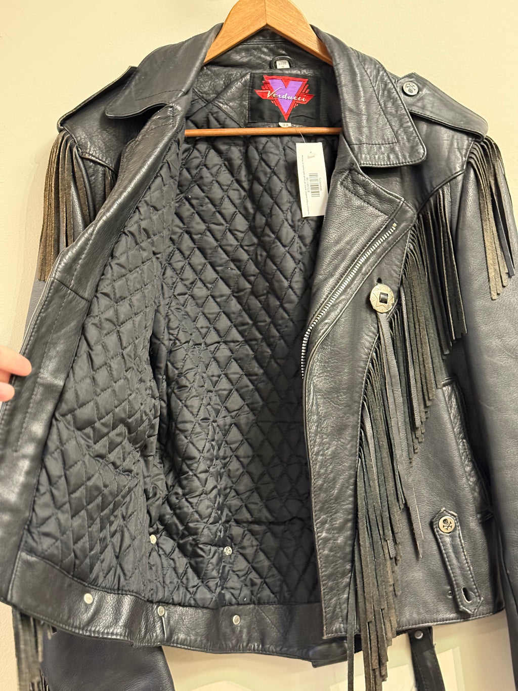 Verducci fringe leather jacket w/ skull belt made in Korea