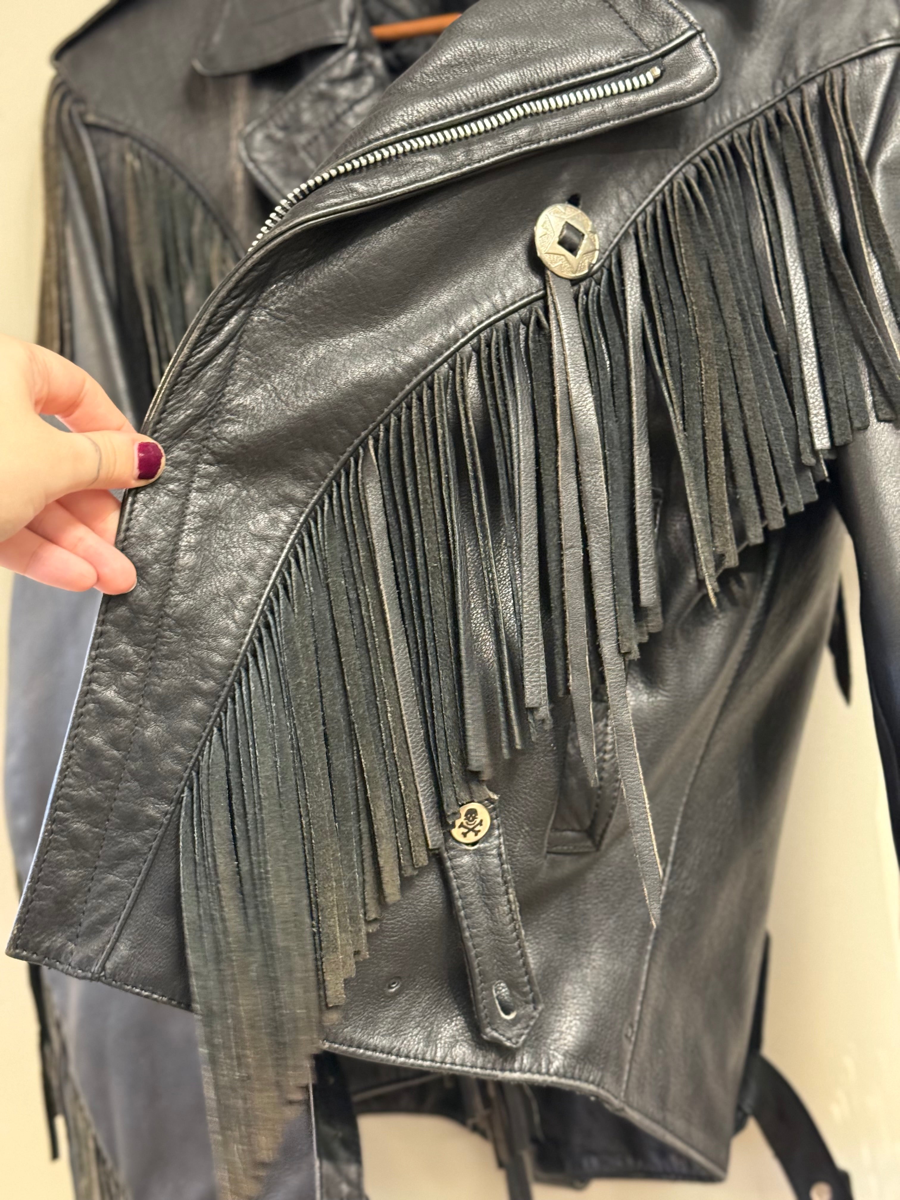 Verducci fringe leather jacket w/ skull belt made in Korea