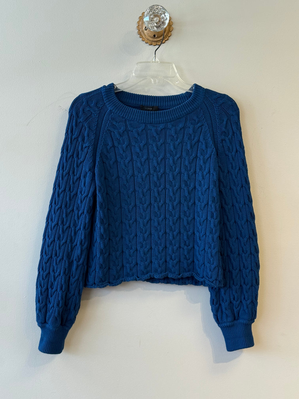 J Crew blue cable knit crop sweater