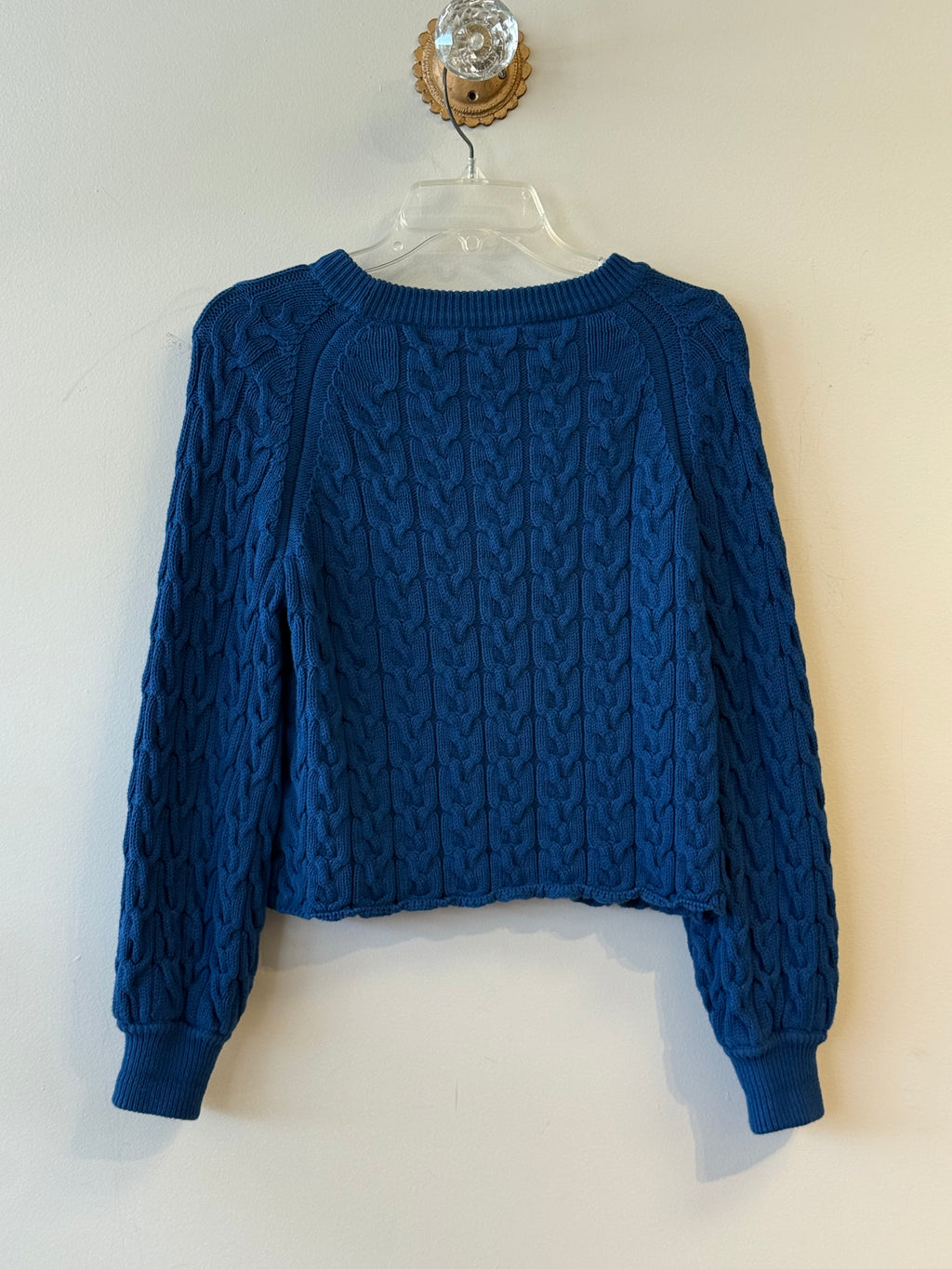 J Crew blue cable knit crop sweater
